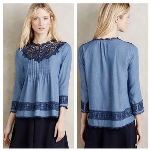 Anthropologie Holding Horses Top  Perra Popover Pleated Chambray size 2